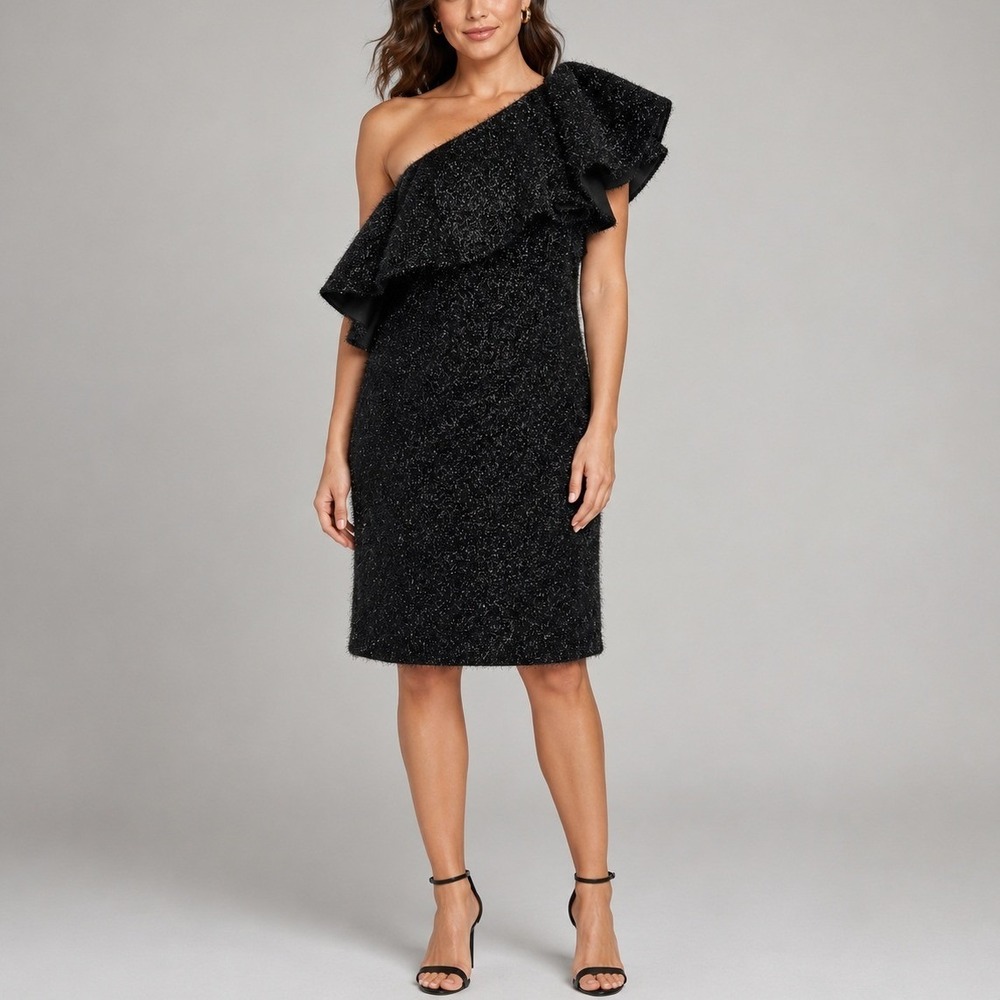 Halston Heritage One Shoulder Cocktail Dress 14 Black Tinsel Ruffle